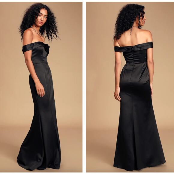 LULUS Adored Forever Black Satin Off-the-Shoulder Maxi Dress {PP36} - Picture 2 of 2